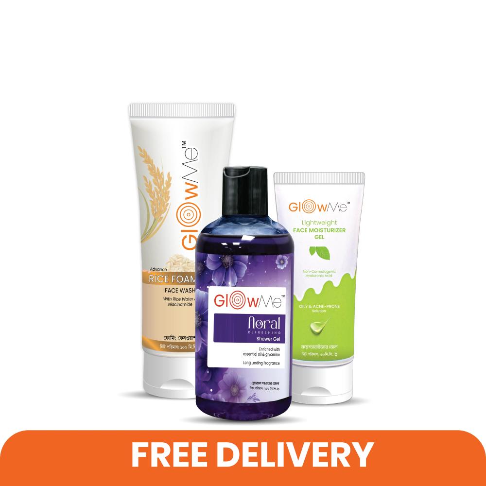 GlowMe Beauty Box Combo 3 in 1 Rice Facewash, Light weight moisturizer & Shower Gel